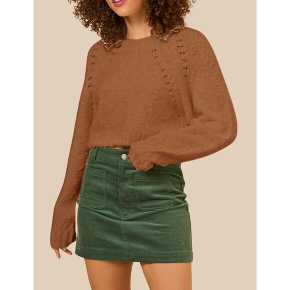 Women's Knit Crop Sweater Popcorn Texture Open Back Bow Tie Casual Chic - Picture 3 of 5